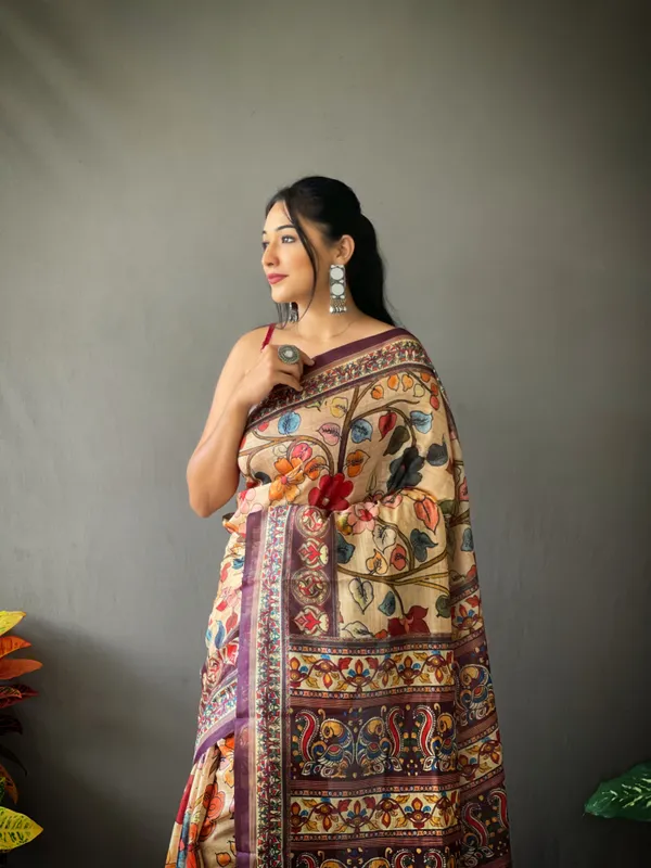 Cream_Soft_Cotton_Kalamkari_Print_Saree_With_Blouse_Piece_Attached